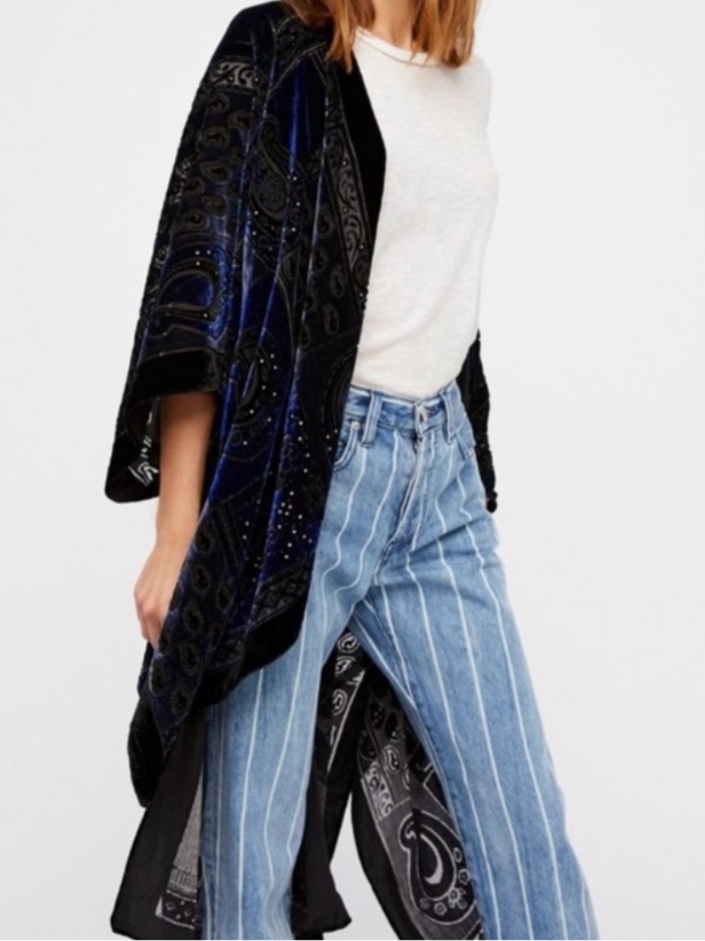 Free People Velvet Burnout Floral Kimono Stevie Nicks Dark Boho Festival Open - Picture 2 of 9